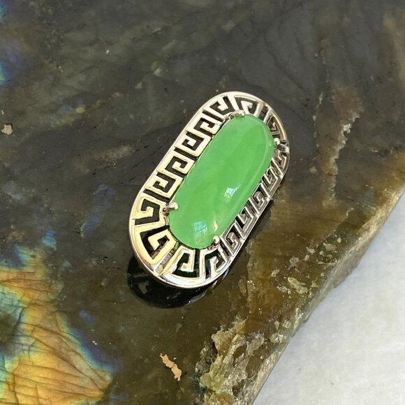 Sterling Silver 925 Oval Green Stone Greek Key Cut Out Brooch - Picture 3 of 16